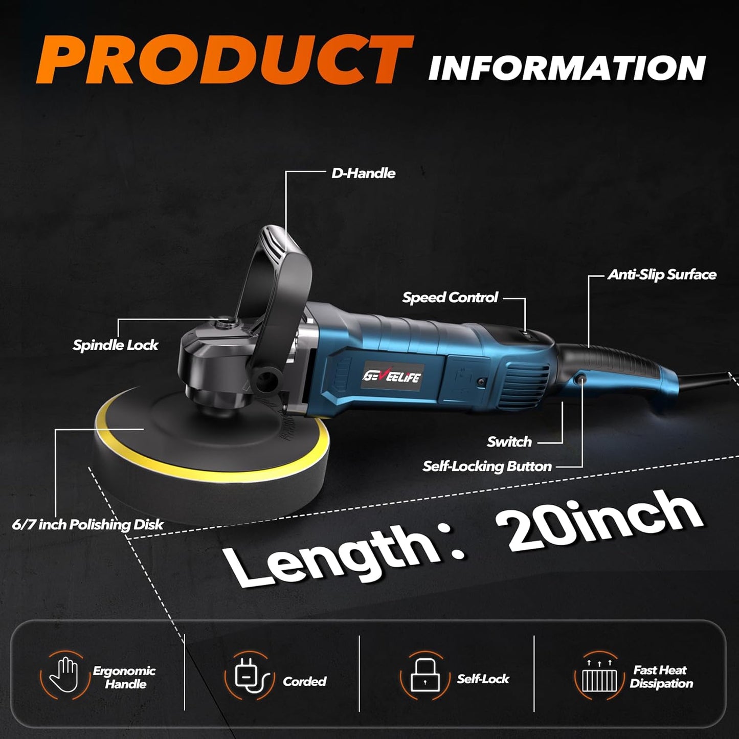 Pulidora de búfer rotatoria de 1600 W, mango desmontable, 7 vel.