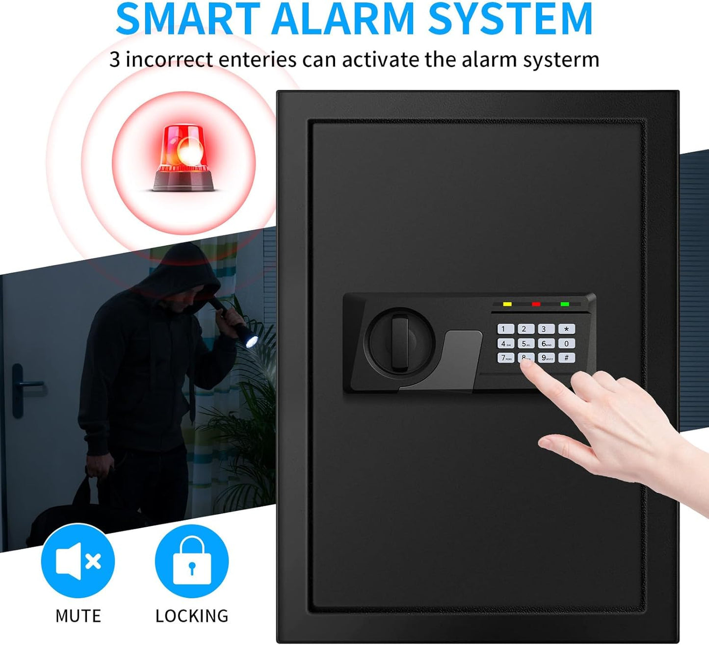 Caja de seguridad digital con teclado electrónico y llaves.