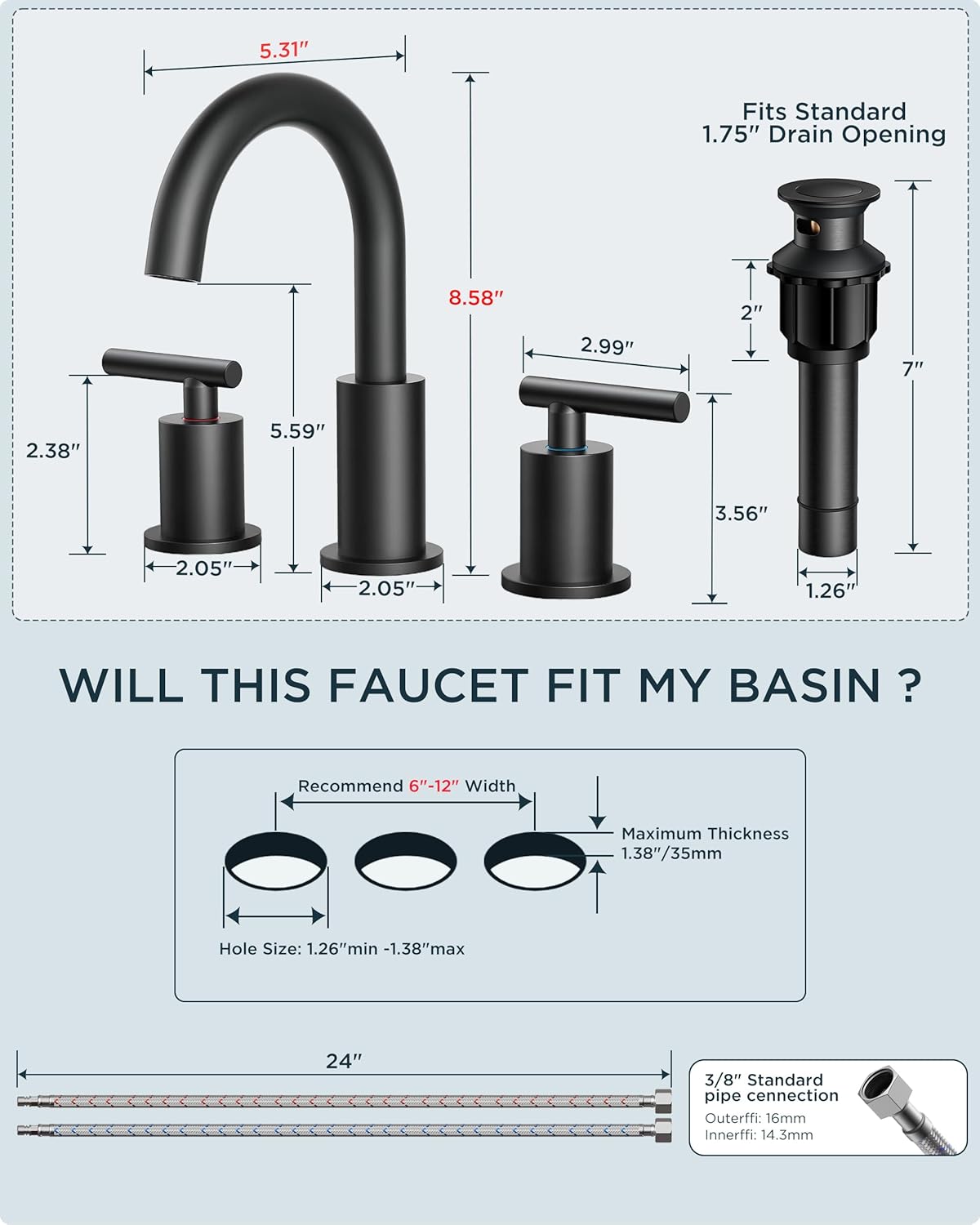 Grifo de baño negro, de 3 agujeros, 2 manijas de 8", Forious, Negro.