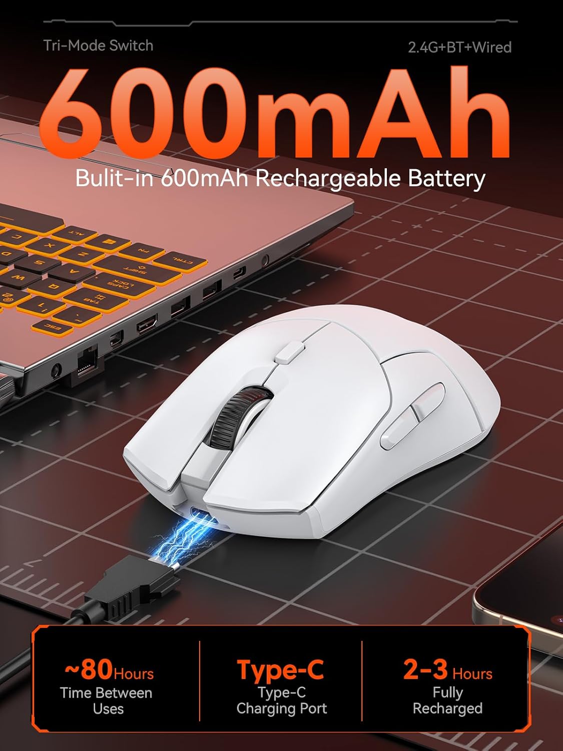 Mouse inalámbrico blanco para juegos, tres modos (2.4G/Bluetooth/cableado)