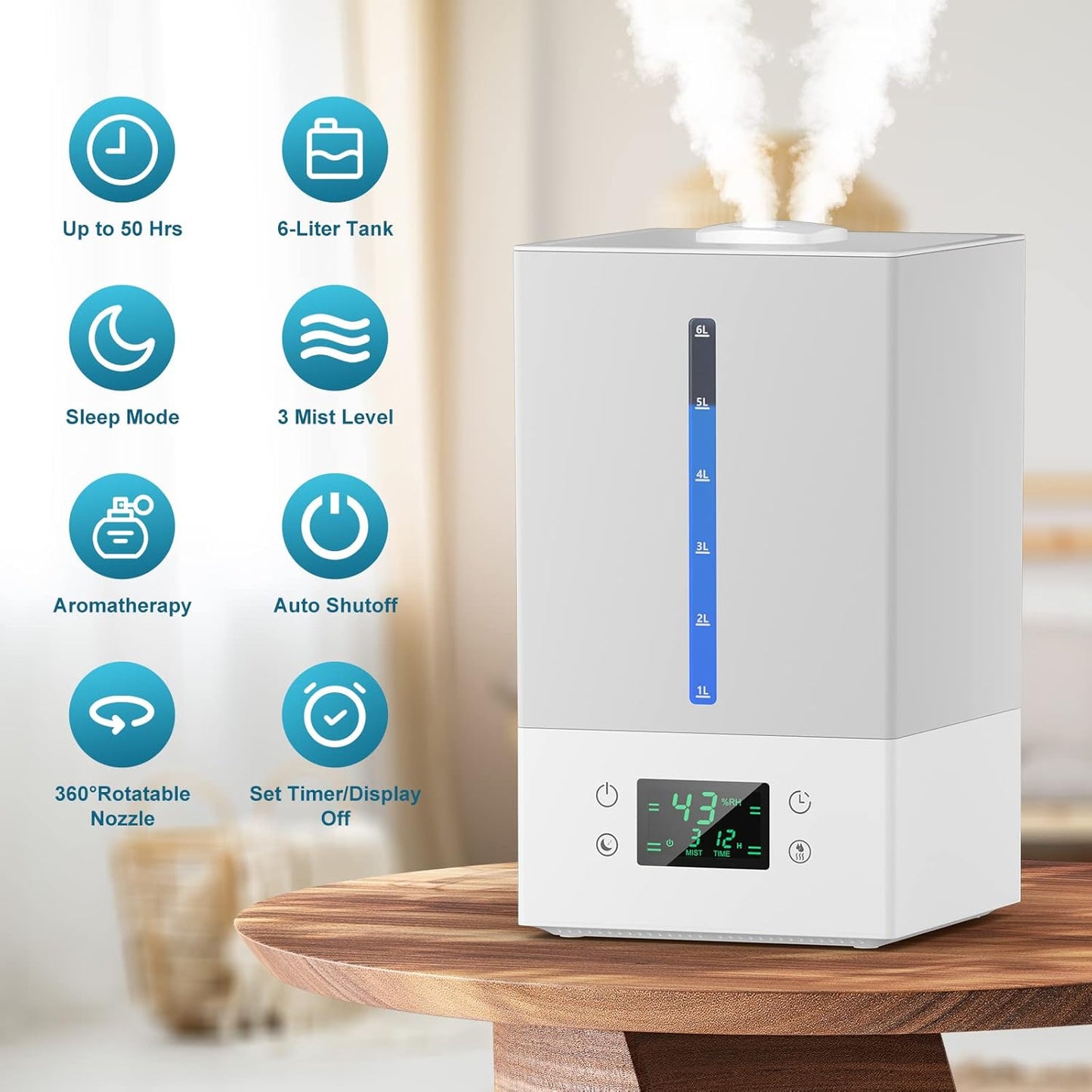 Humidificador de 6 litros, con difusor de aceites, silencioso.