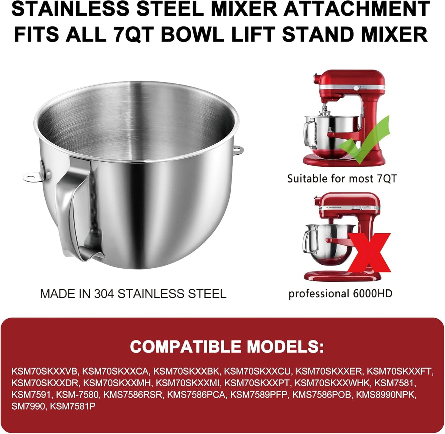 Cuenco mezclador de acero inoxidable de 7 qt compatible con Kitchenaid