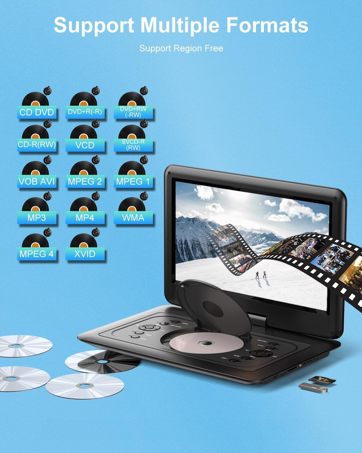 Reproductor de DVD portátil, Magofly 14.1", CD, DVD, SD, VCD.