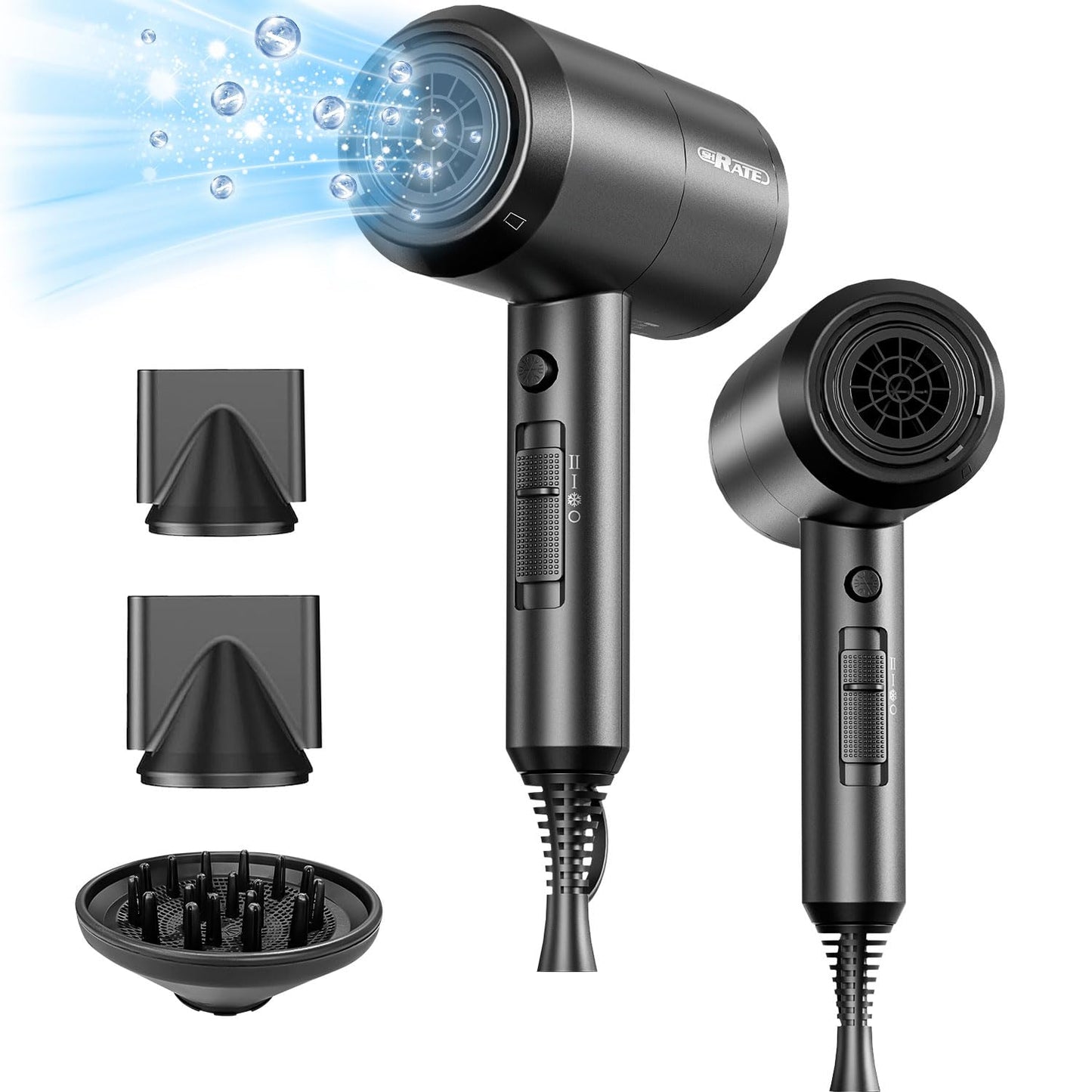 Secador de pelo iónico, con difusores, 1800W, secado rápido.