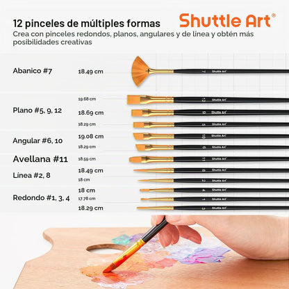 Juego de pintura acrílica Shuttle Art de 36 colores, 60 ml 12 pinceles