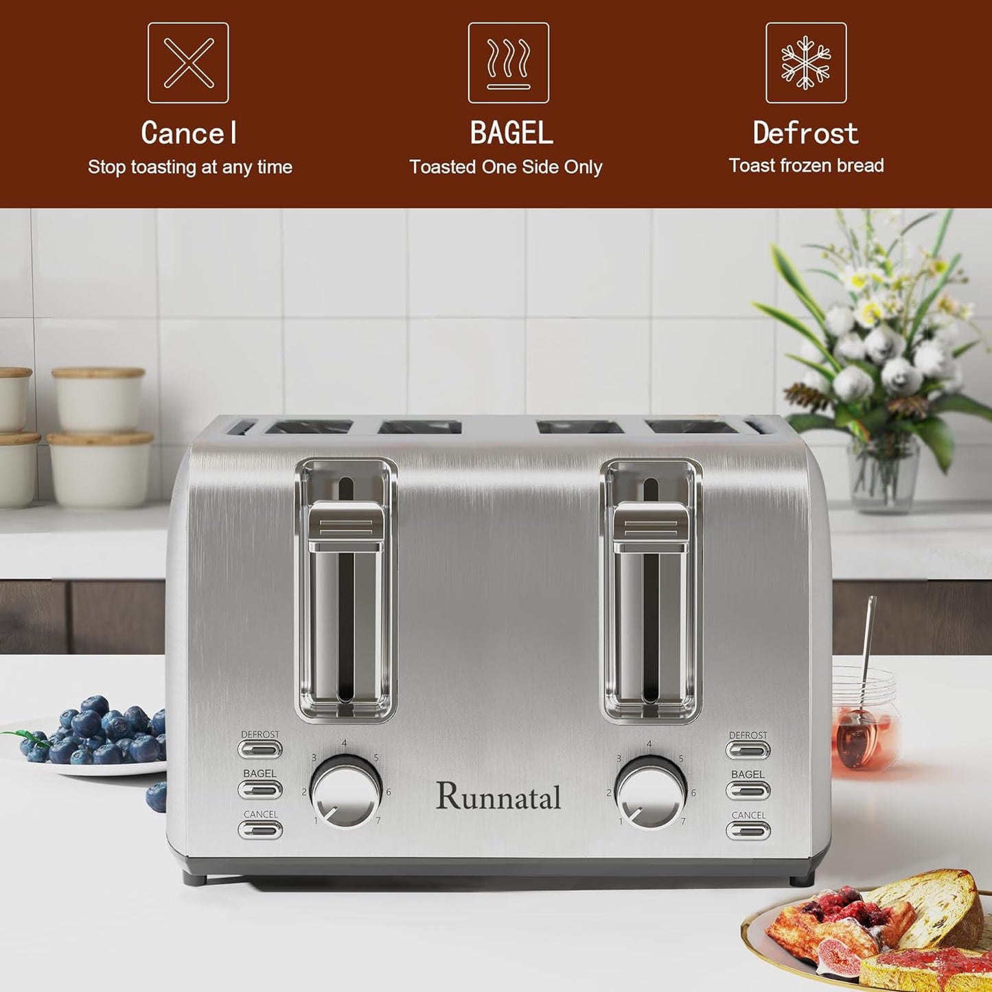Tostador de acero inoxidable 4 rebanadas extra anchRunnatal