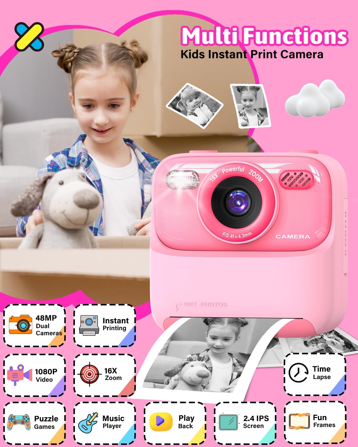 Cámara de fotos instantánea para niños color rosa