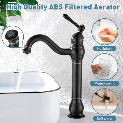 Grifo giratorio de 360° para lavabo de una sola manija y drenaje, bronce aceitado