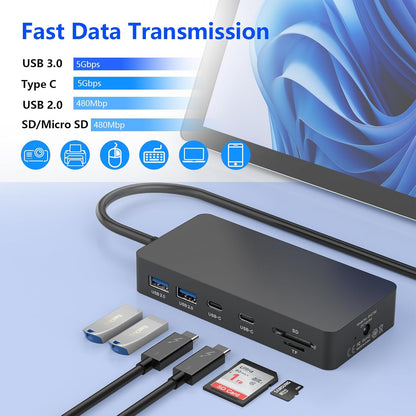 Docking Station Triple Displays Dual HDMI+VGA, 12 en 1