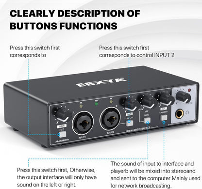 Interfaz de audio USB EBXYA 2x2, para grabación transmisión y podcasting.