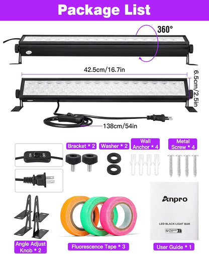 Barra de luz ultravioleta, negra Anpro, ajustable 360°.