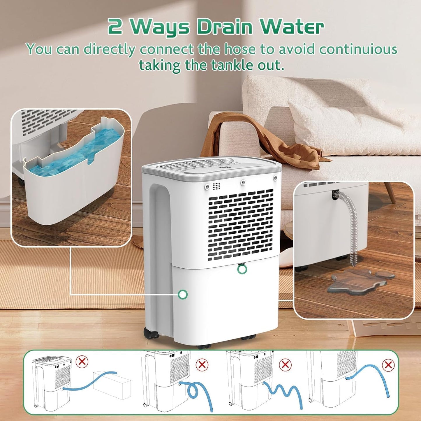 Deshumidificador para el hogar, con manguera de drenaje, RUWORA