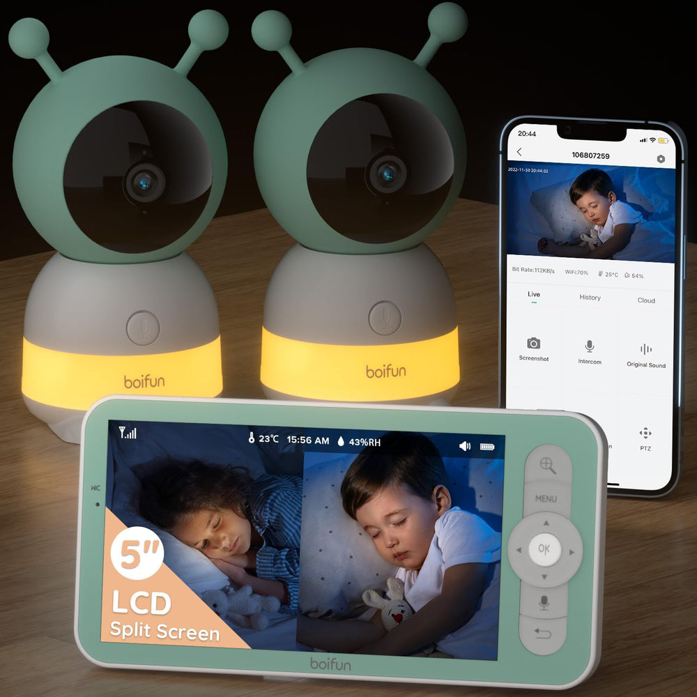 Monitor de vídeo para bebé BOIFUN, 5" y 2 cámaras, 2K Wi-Fi 2,4 GHz.
