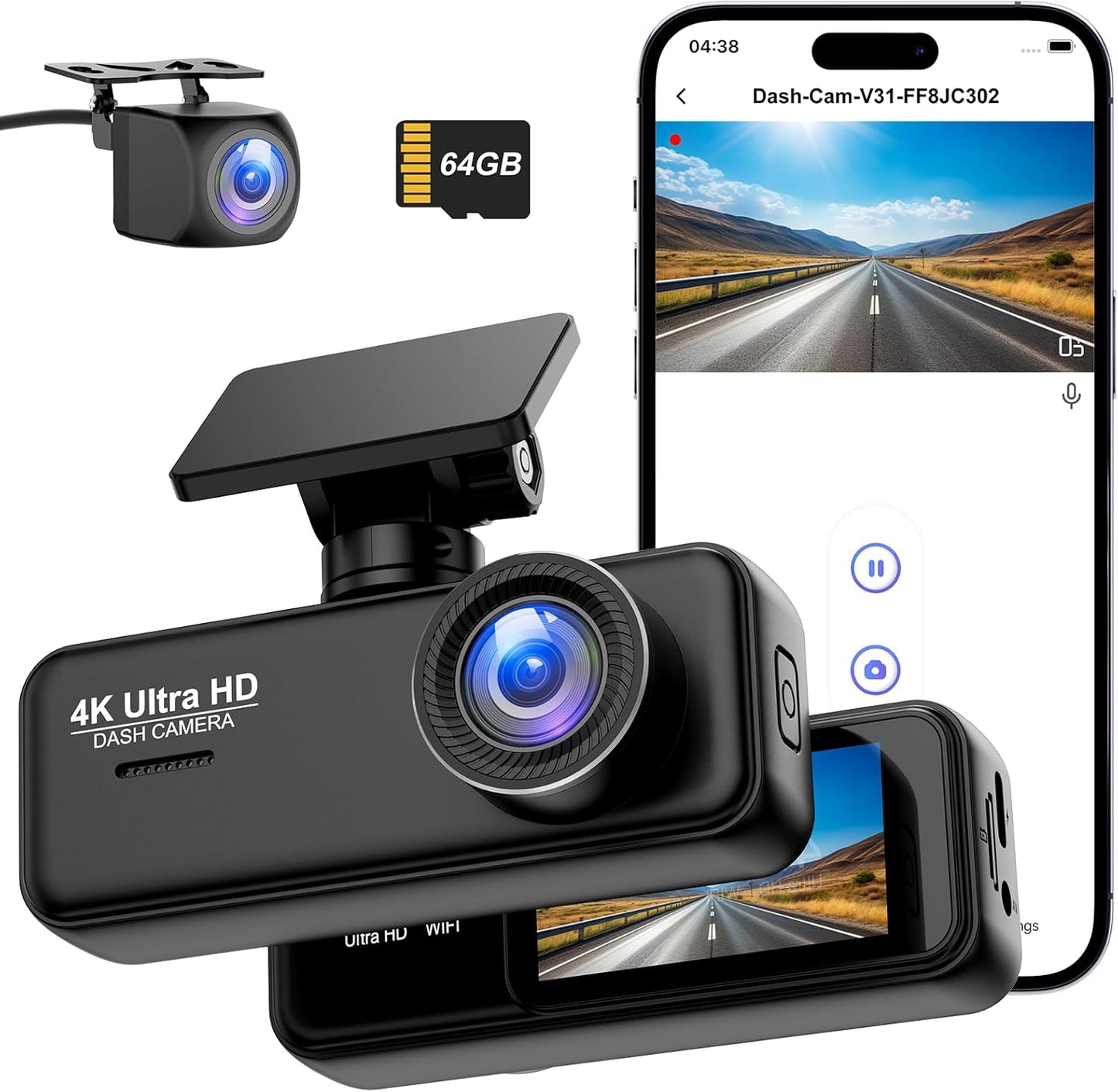 Dash Cam delantera y trasera 4K, cámara WiFi para coche.
