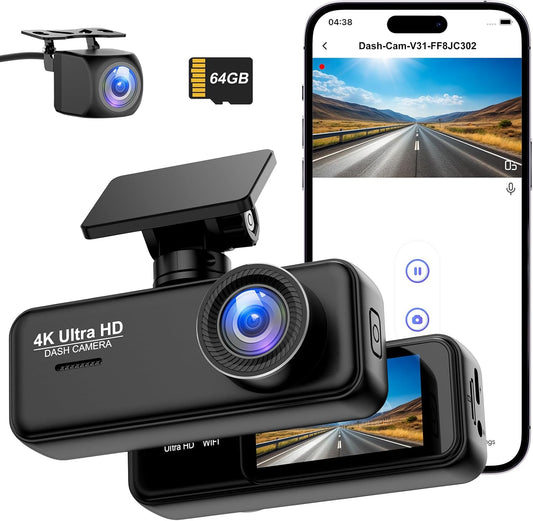 Dash Cam delantera y trasera 4K, cámara WiFi para coche.