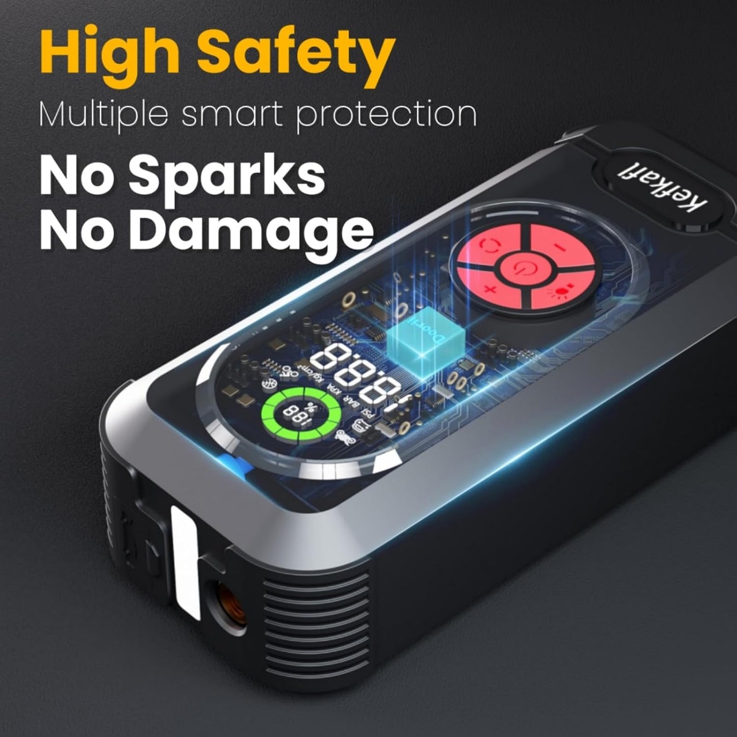 Arrancador portátil para coche con compresor de aire, Kefkafl.