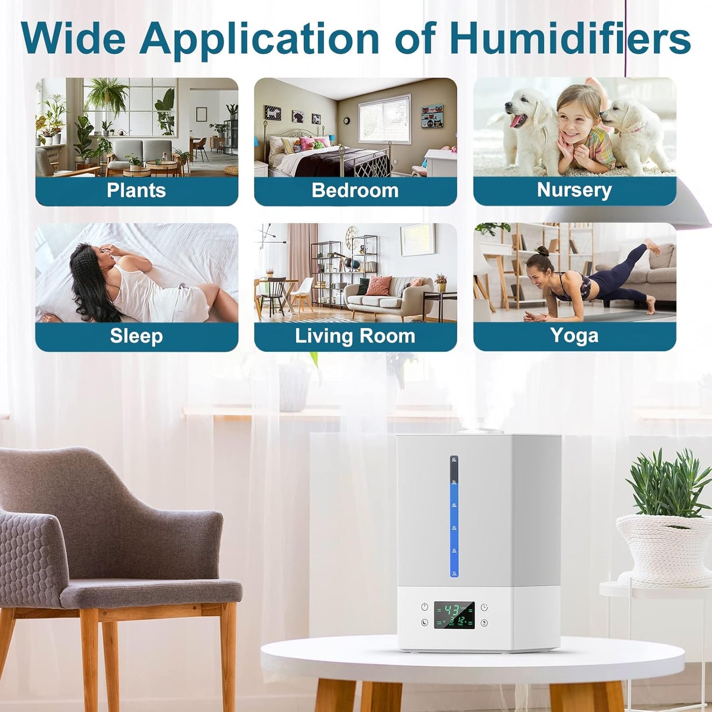 Humidificador de 6 litros, con difusor de aceites, silencioso.