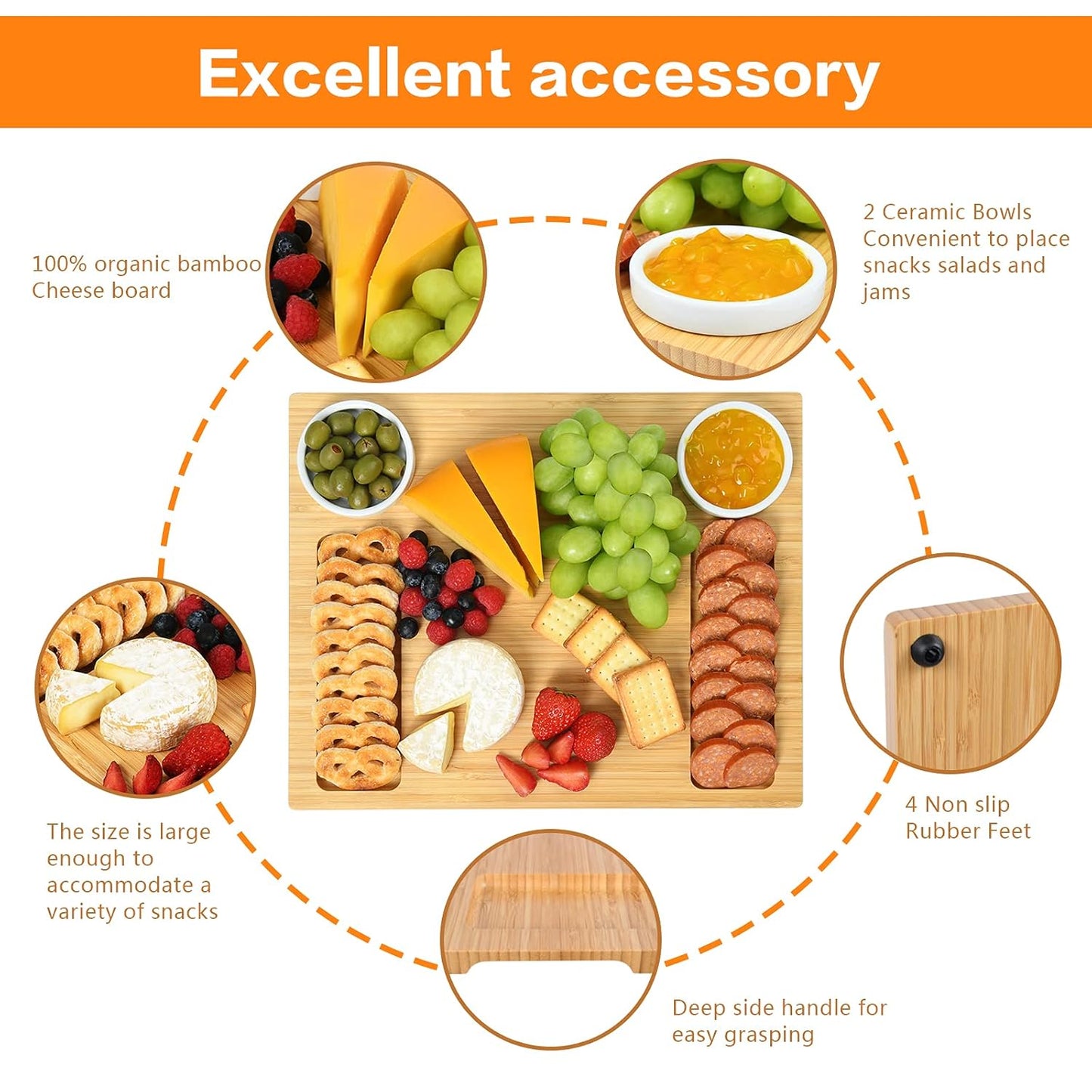 Tabla para quesos y charcutería, Abell, con 4 cuchillos y 2 cuencos.