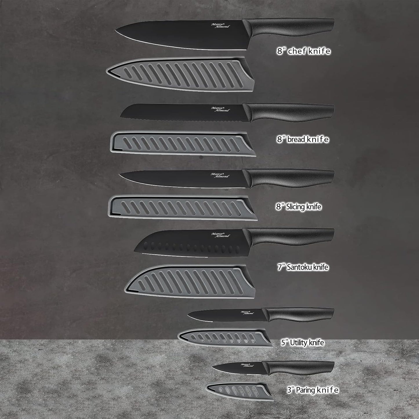 Juego de cuchillos de cocina de 12 piezas, 6/6, Marco Almond.