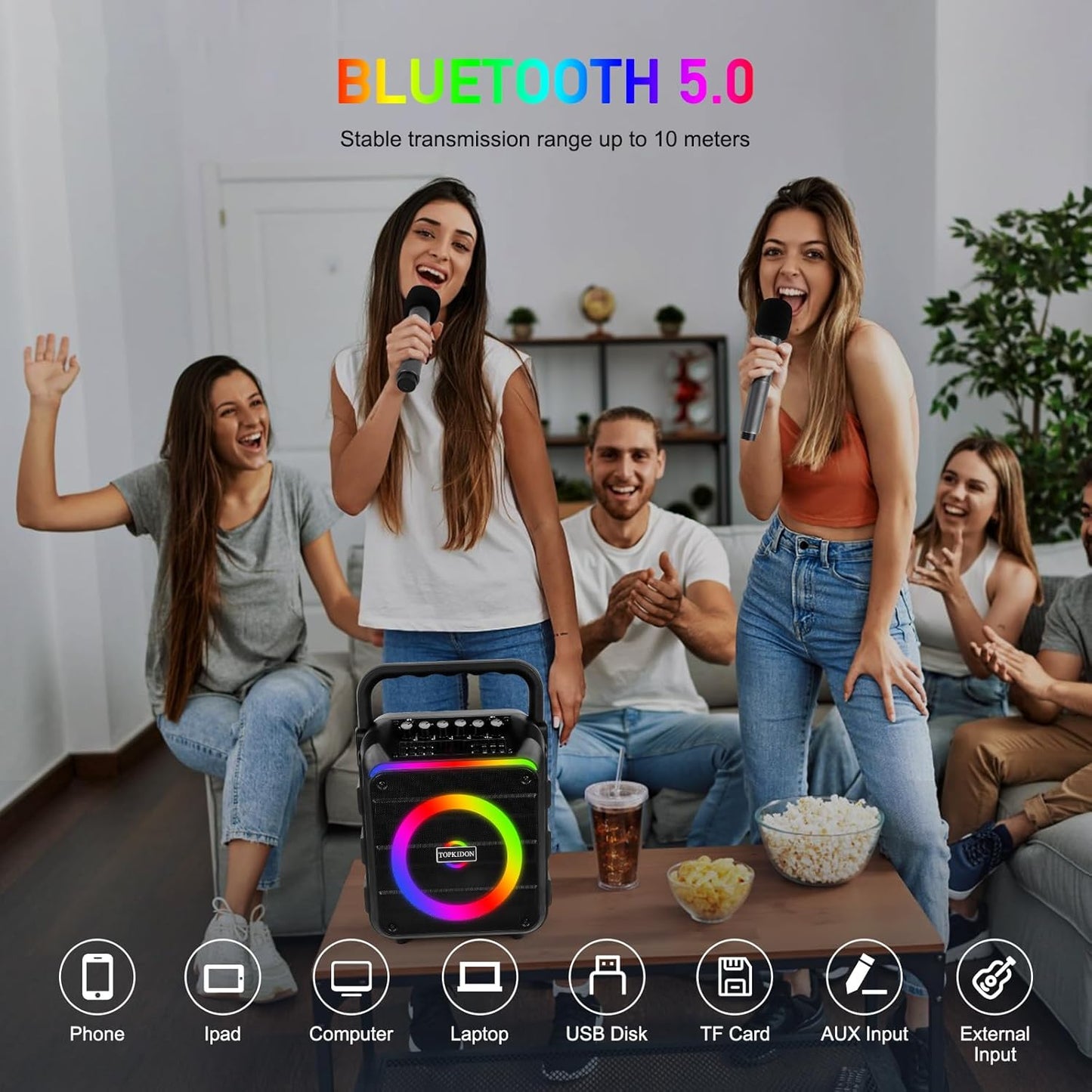 Máquina de karaoke, 2 micrófonos inalámbricos, entrada AUX.