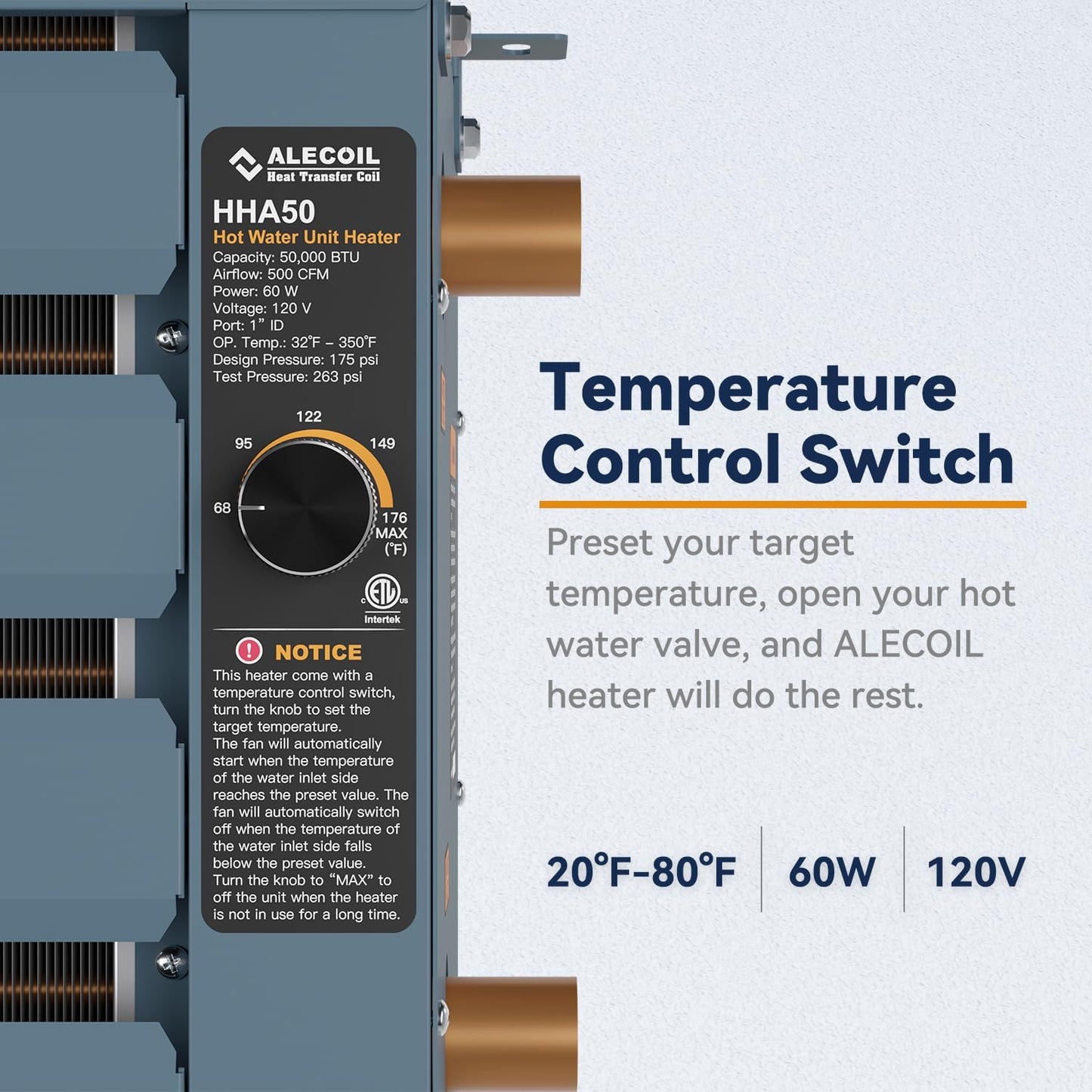 Calentador hidronico de 50.000 BTU, calor de agua a aire.(DETALLE).