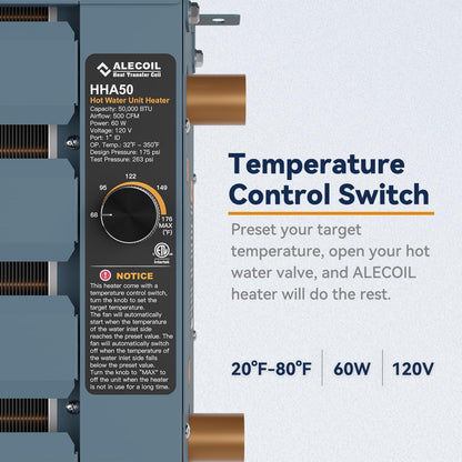 Calentador hidronico de 50.000 BTU, calor de agua a aire.(DETALLE).