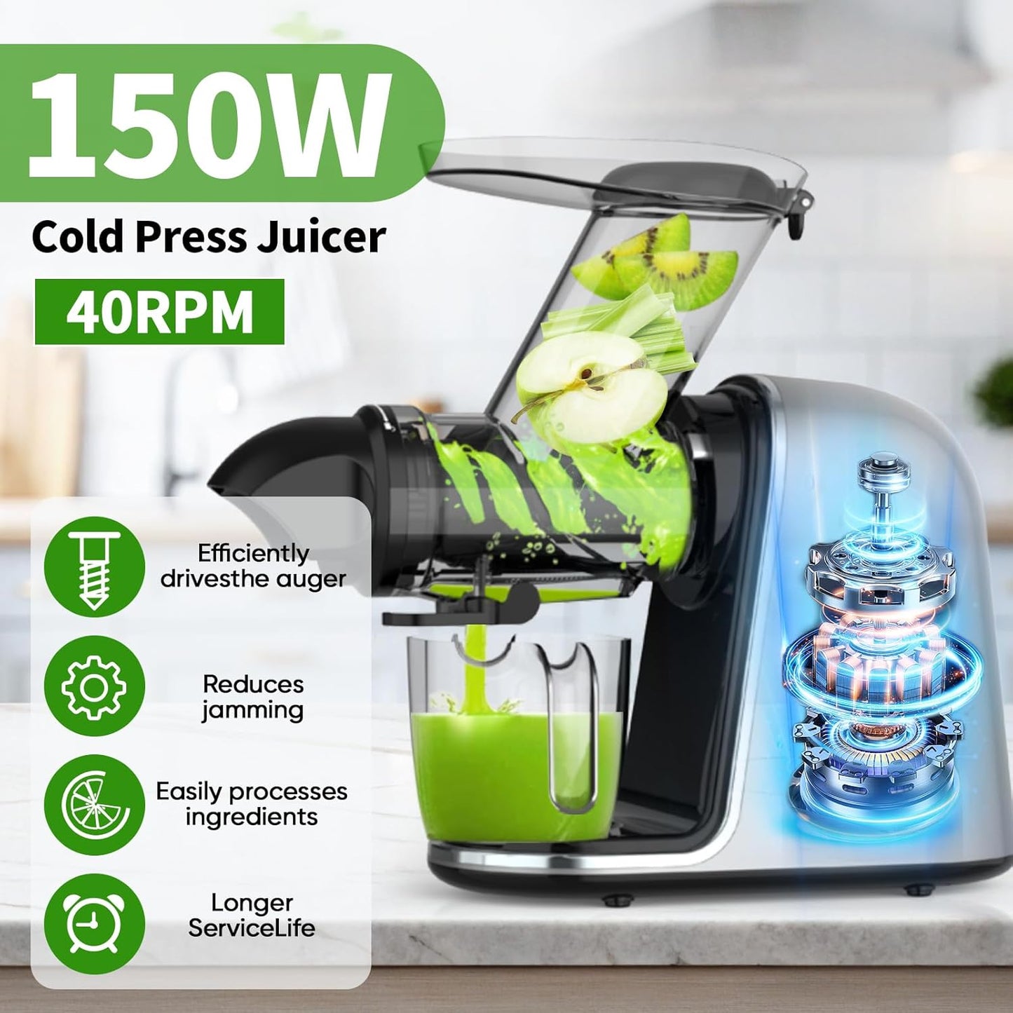 Exprimidor de prensa en frío, para jugos naturales, frutas y verduras.