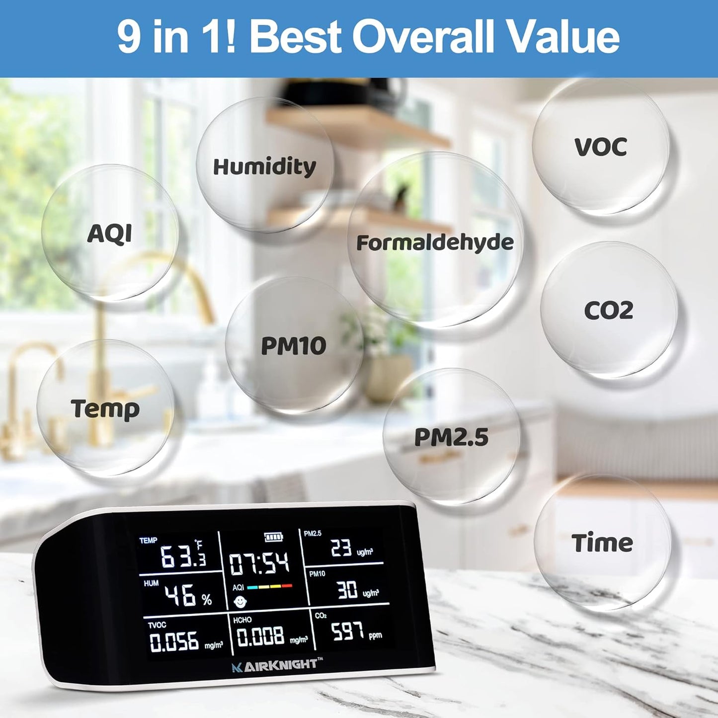 Monitor de calidad del aire interior 9 en 1, CO2, PM2.5, HCHO, AQI.