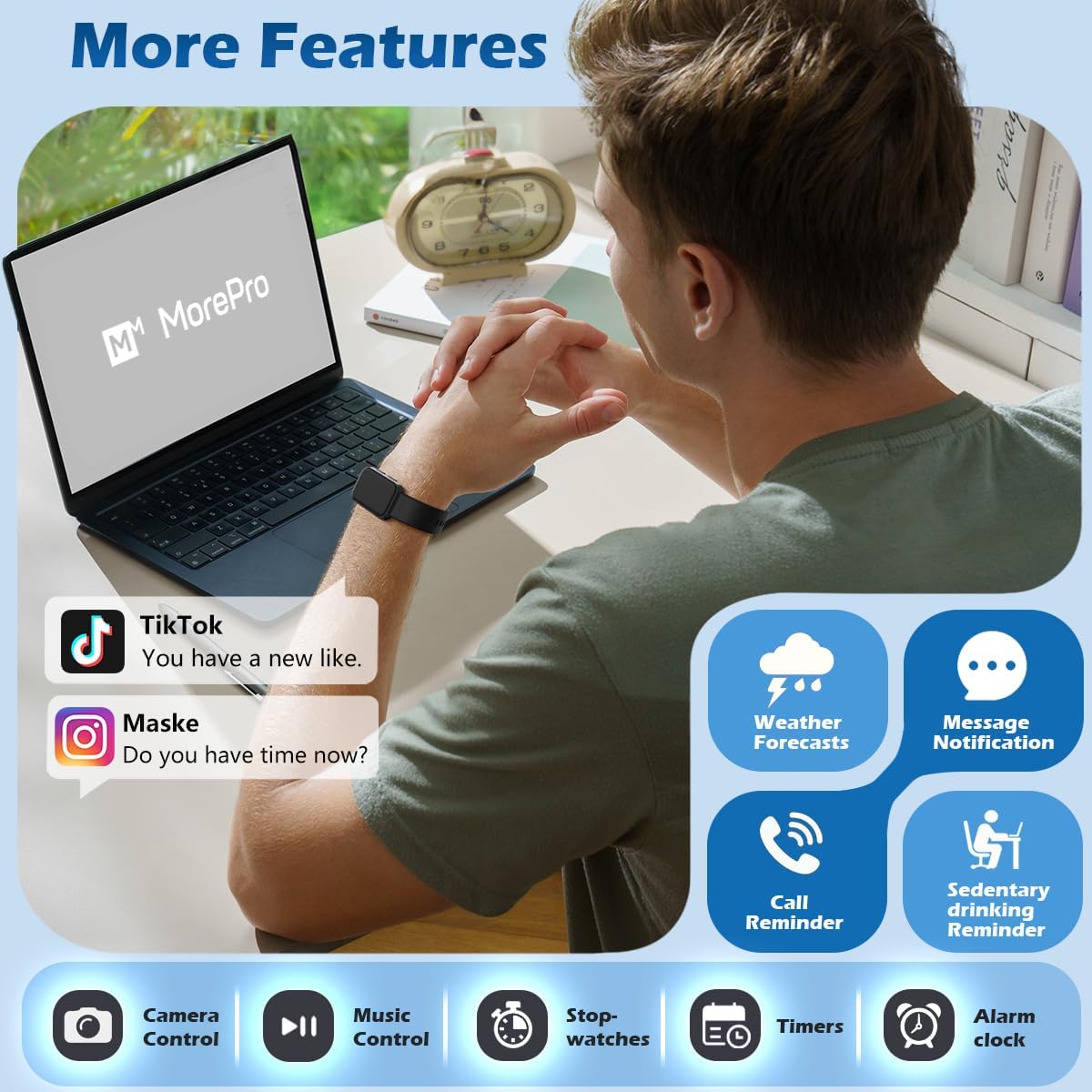 Reloj inteligente, IP68 impermeable, fitness tracker, MorePro AIR2. (NEGRO)