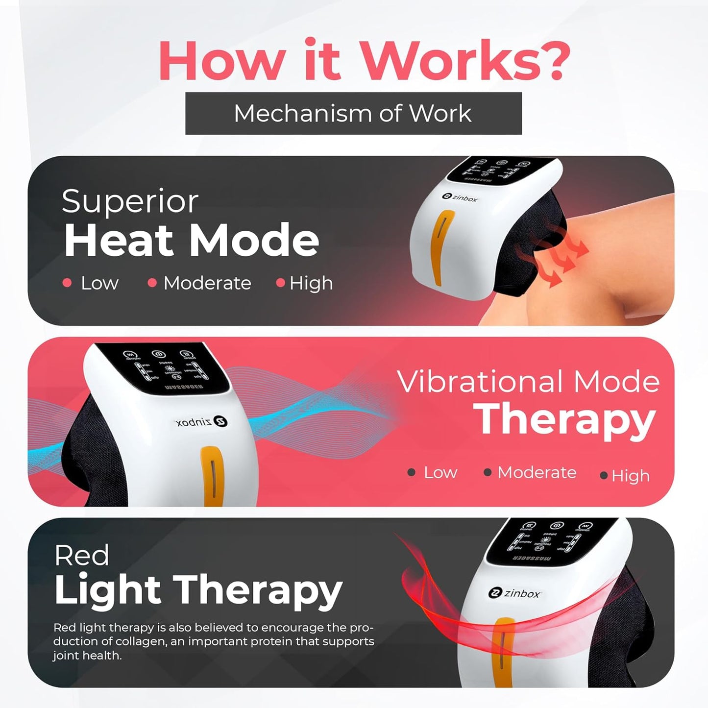 Masajeador de rodilla portátil 4 en 1, vibración y calor calmante.