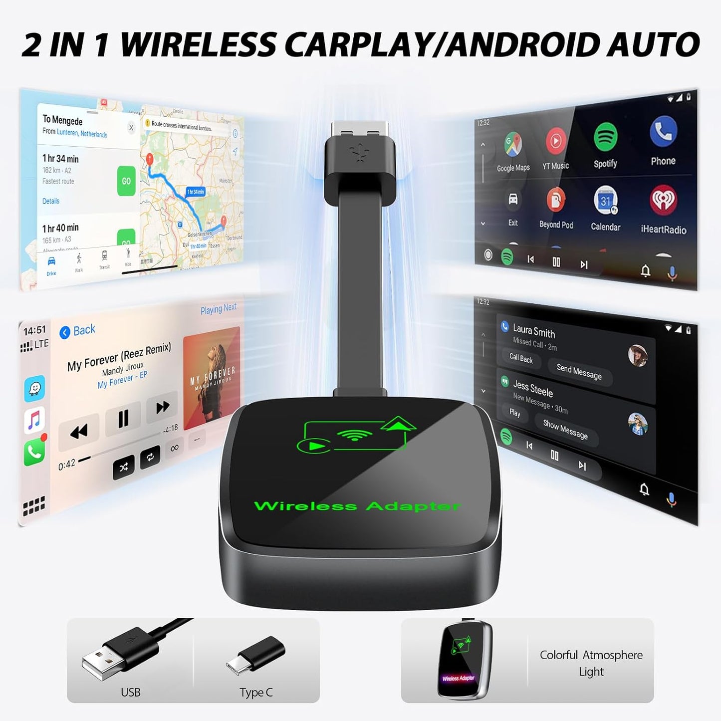 2 EN 1 Adaptador inalámbrico para Carplay/Android Auto