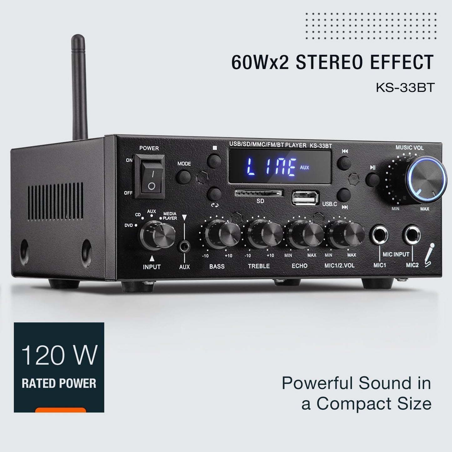 Receptor amplificador de audio estéreo KS-33BT