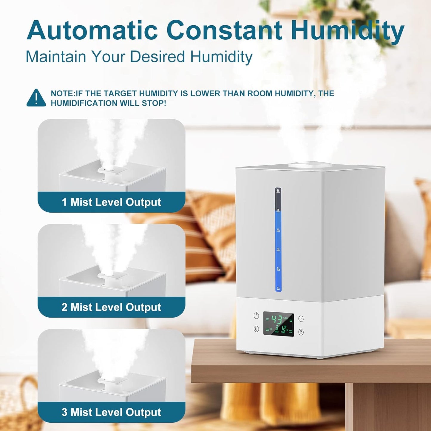 Humidificador de 6 litros, con difusor de aceites, silencioso.