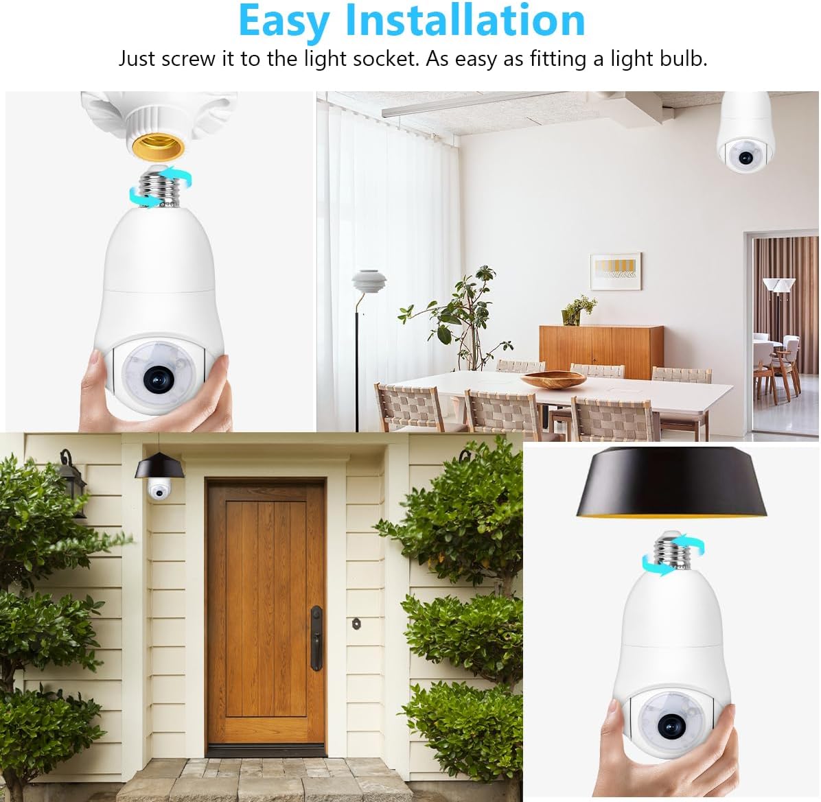Cámara de seguridad con bombilla, 2K 360° Pan Tilt WiFi.
