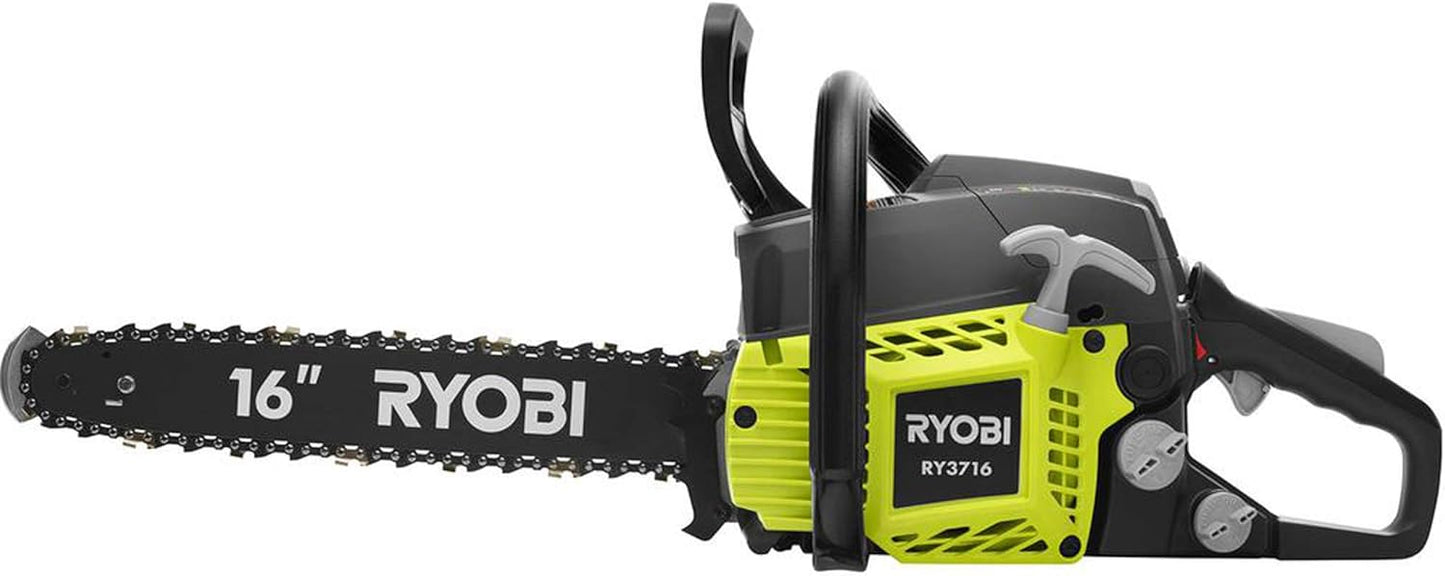 Motosierra de gas de 2 ciclos de 16", mango antivibración y estuche.