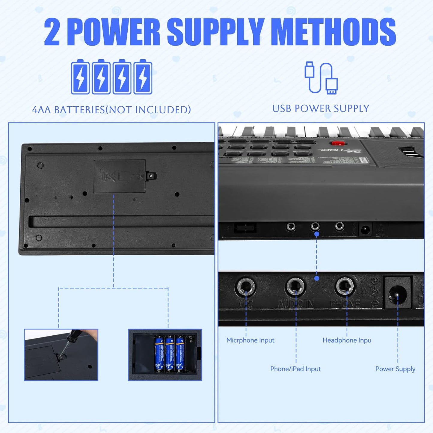 Teclado de piano eléctrico, 61 teclas, funcion grabación y reproducción.