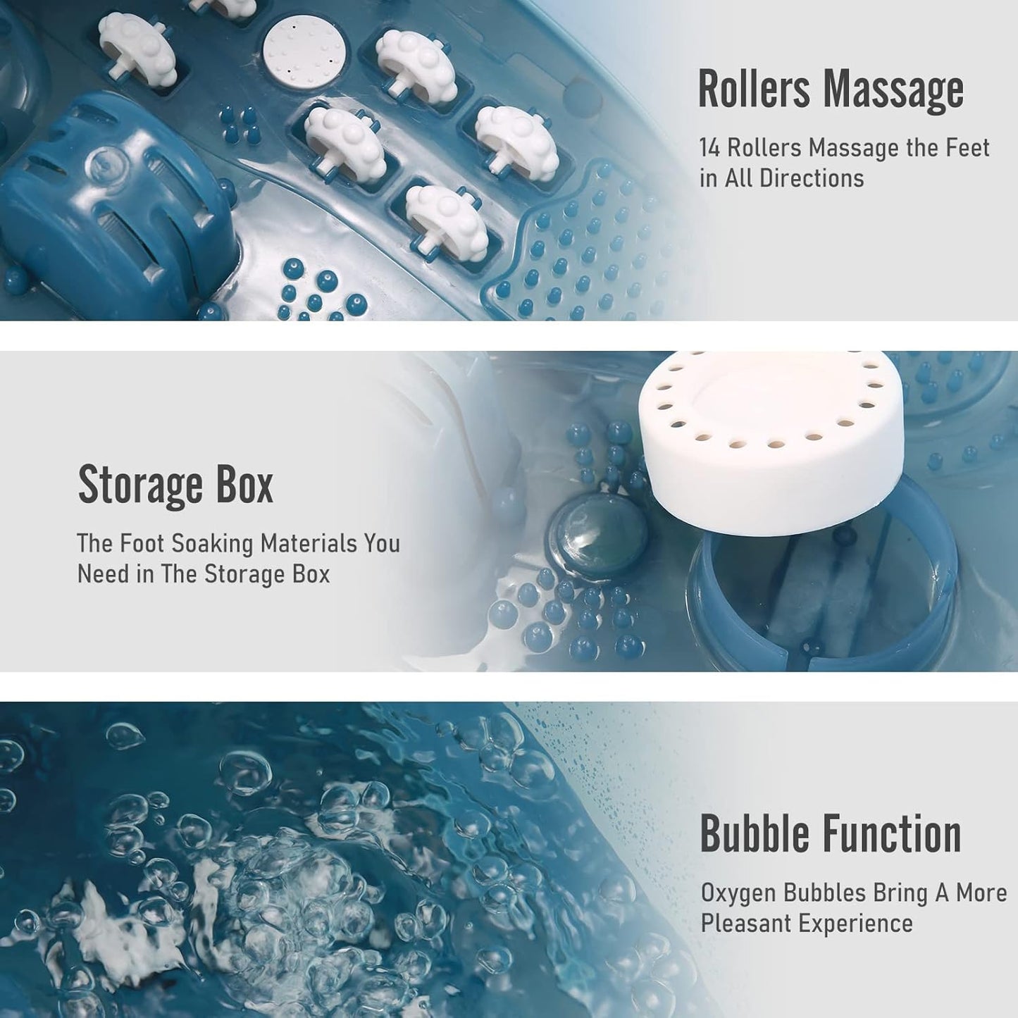 Masajeador de baño de pies con calor, burbujas, vibración, y 14 rodillos de masaje.