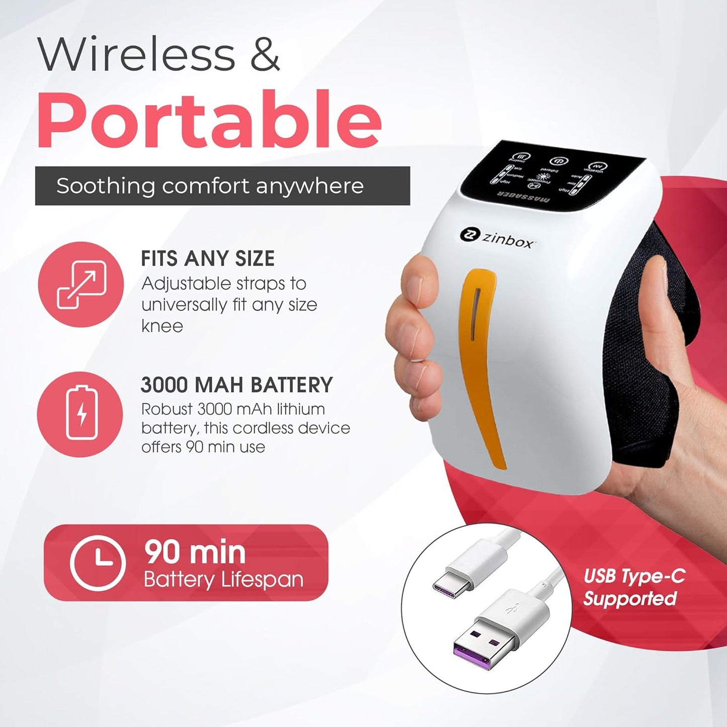 Masajeador de rodilla portátil 4 en 1, vibración y calor calmante.