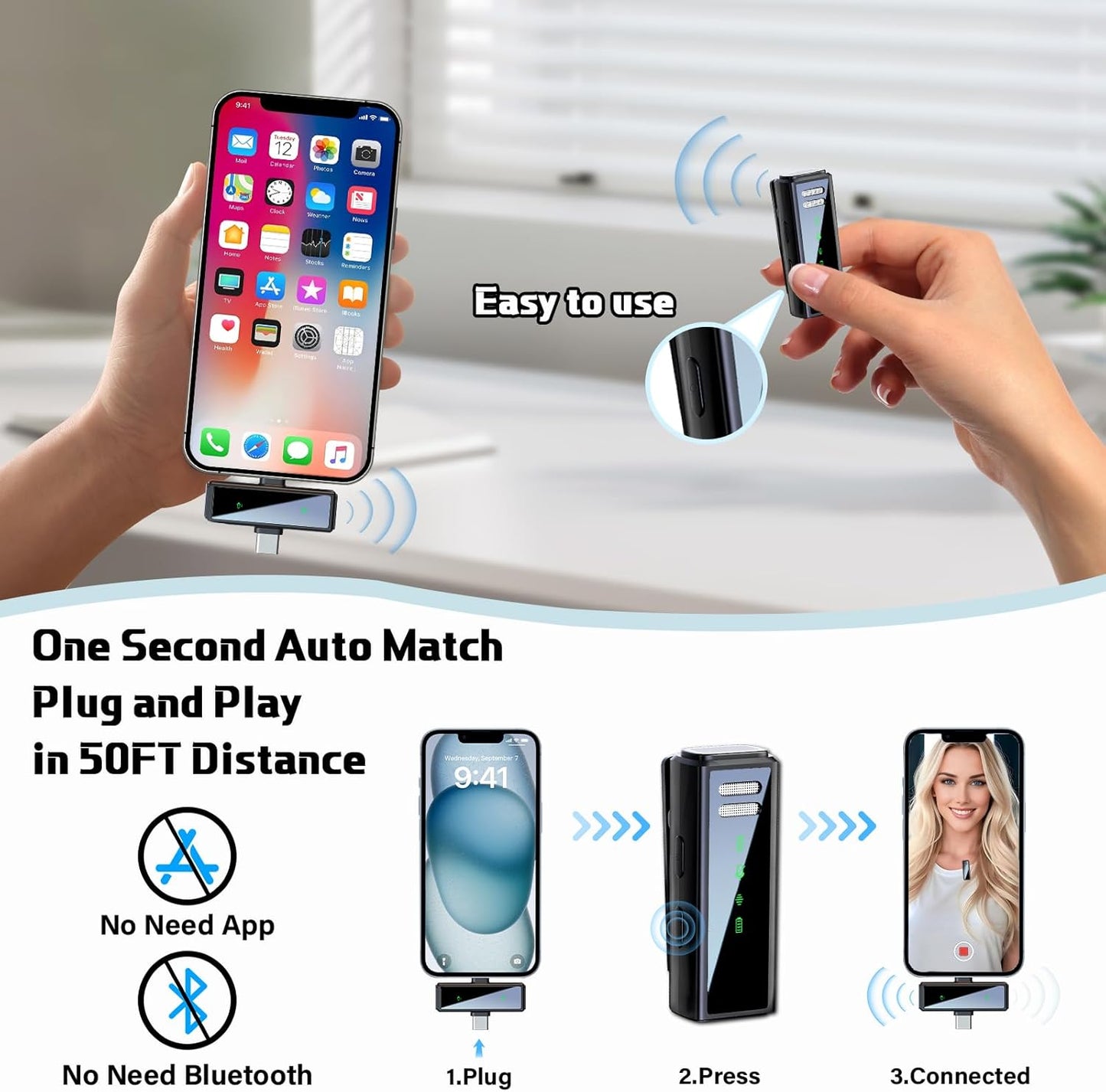 Micrófono Lavalier inalámbrico con cancelación de ruido.