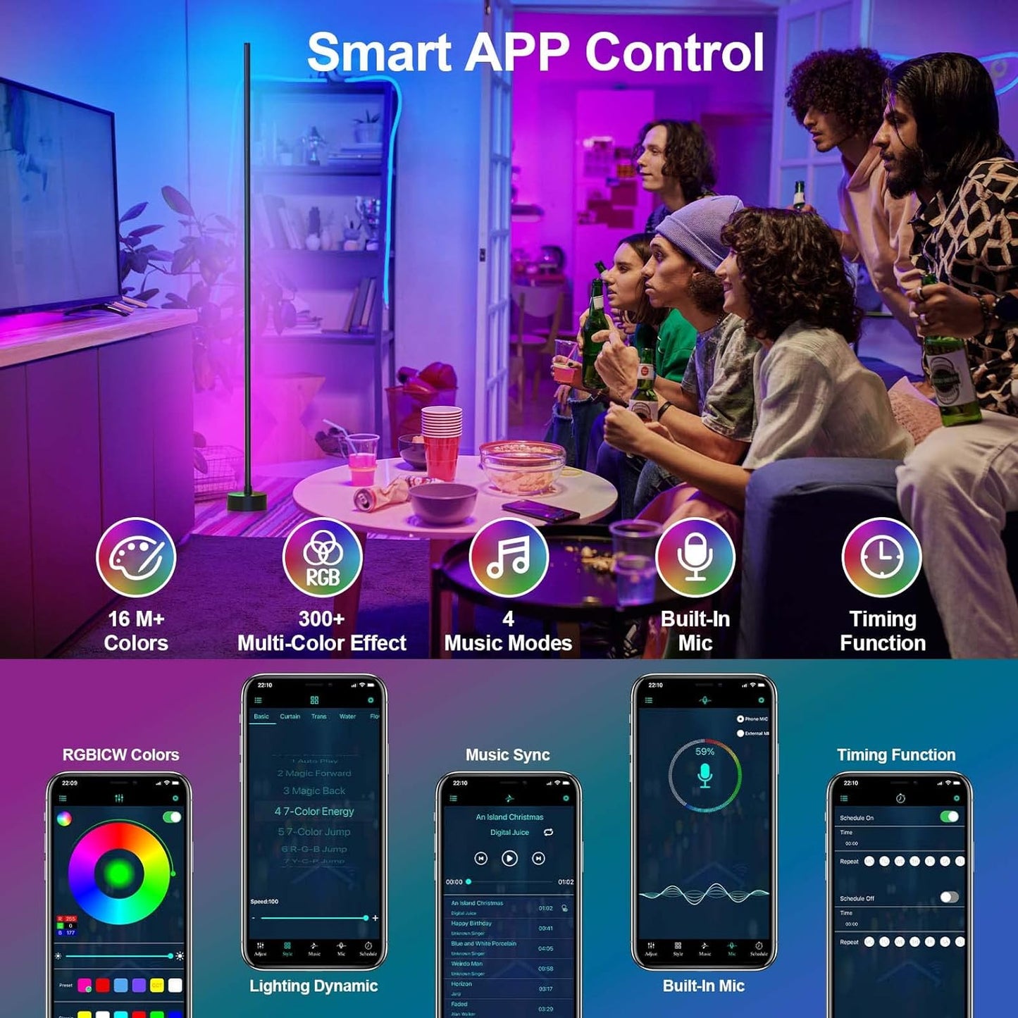 Lámpara de piso, Led Rgb Inteligente, Control Remoto, Miortior.