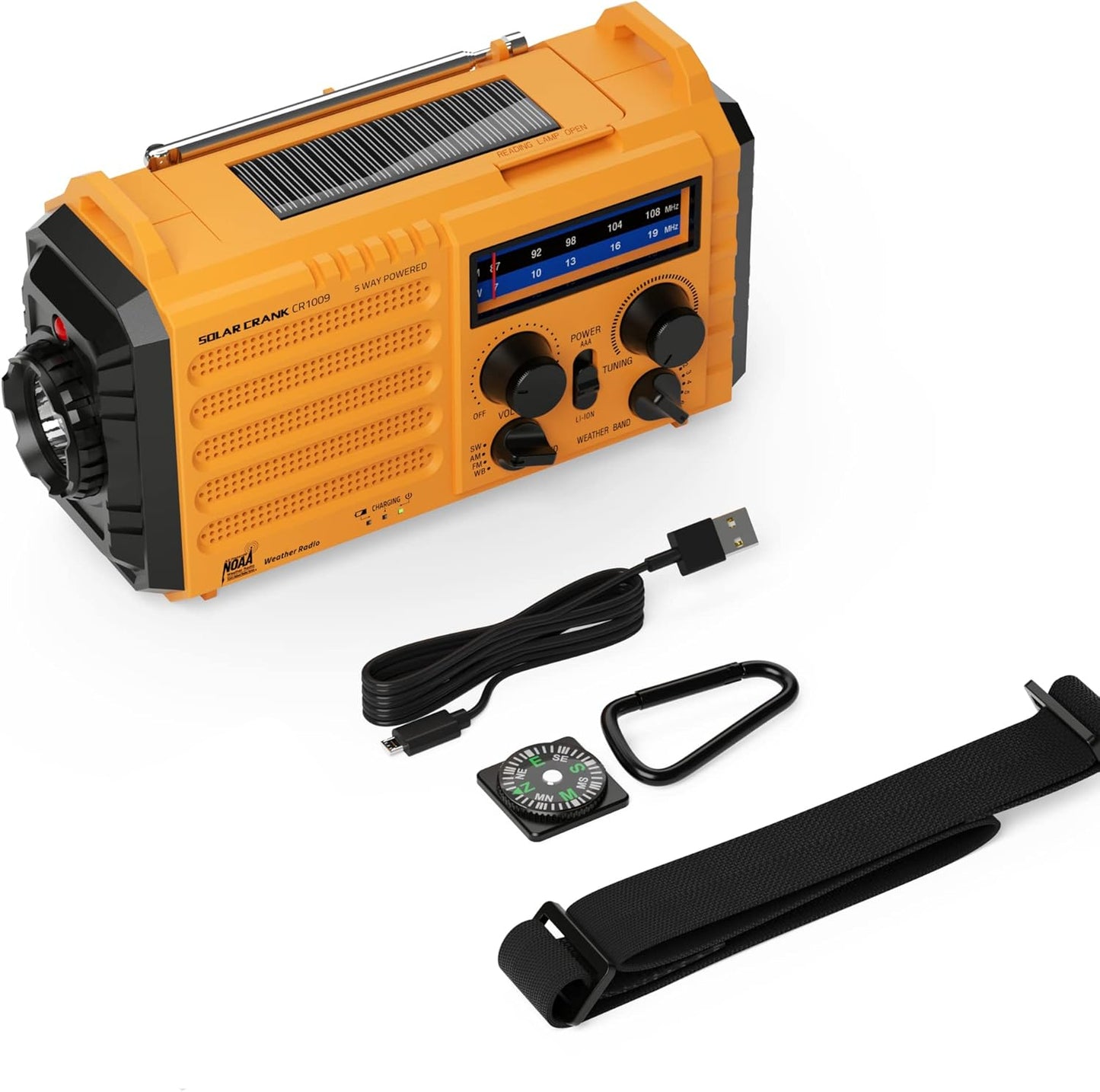 Radio portátil para Exteriores con luz de Flash y lámpara de Lectura.