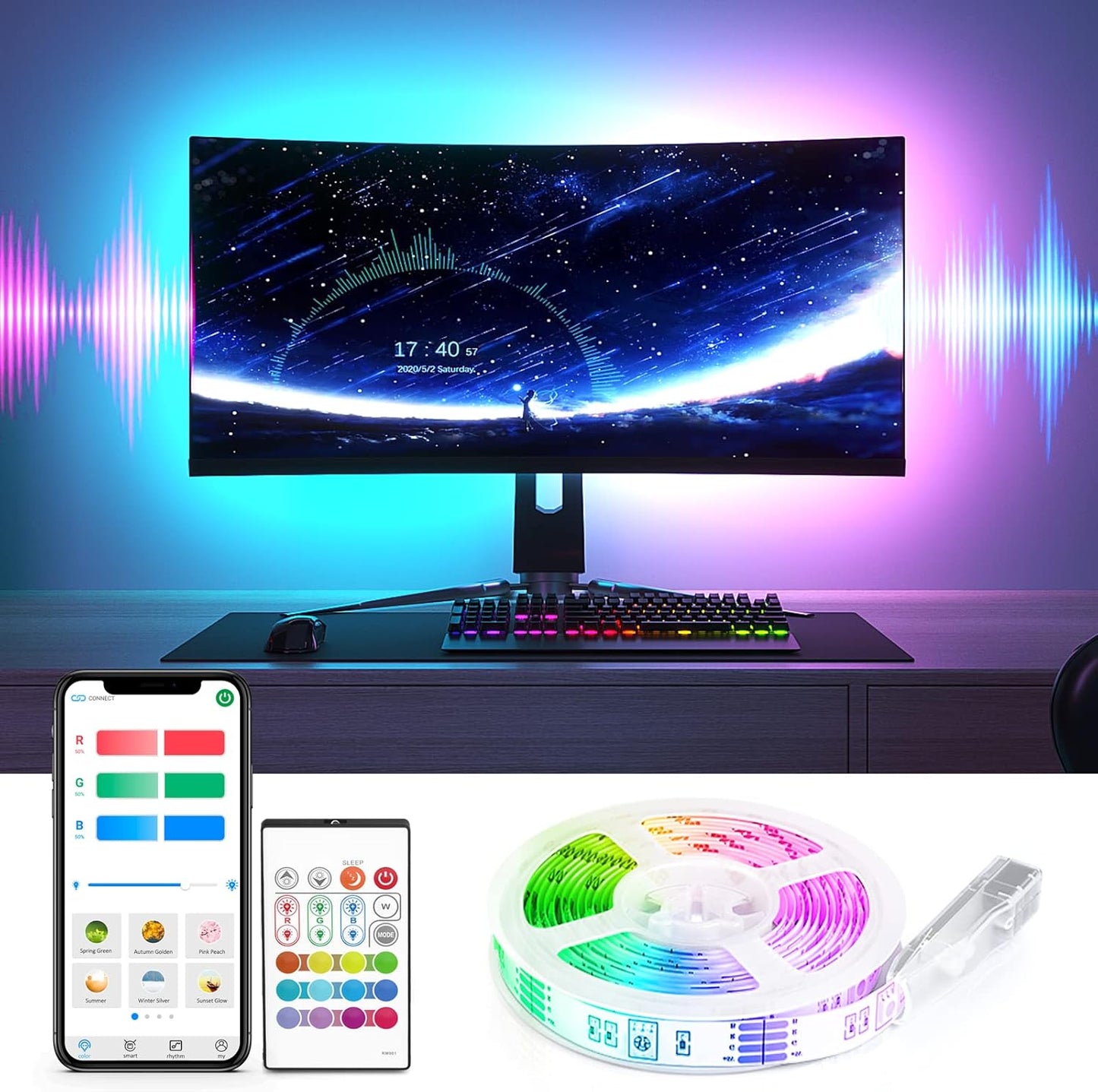 Retroiluminación LED para TV,  de 60 a 70", RGB, Bason, control remoto.