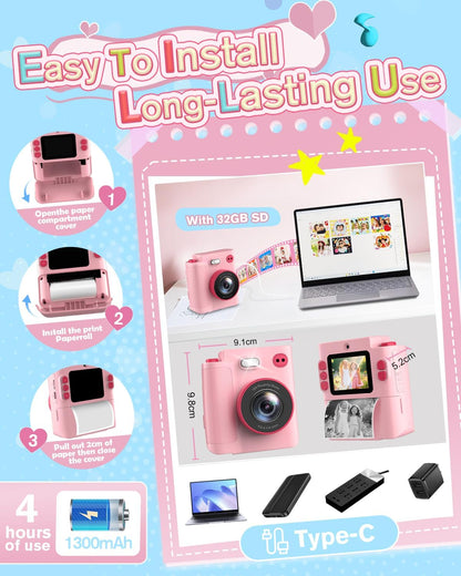 Cámara para niños, digital HD 1080P, tarjeta SD, impresión y selfie.