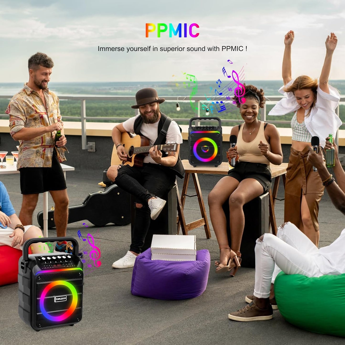 Máquina de karaoke, 2 micrófonos inalámbricos, entrada AUX.