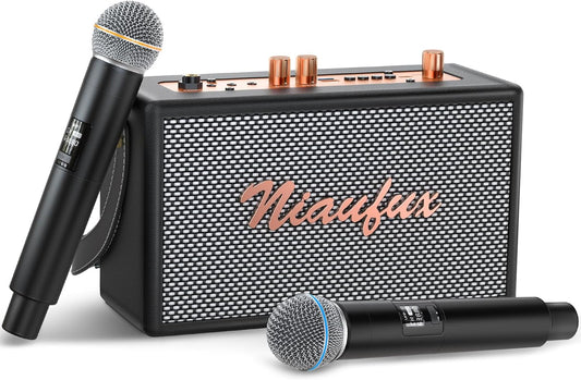 Karaoke retro con 2 micrófonos inalámbricos, Bluetooth, recargable.