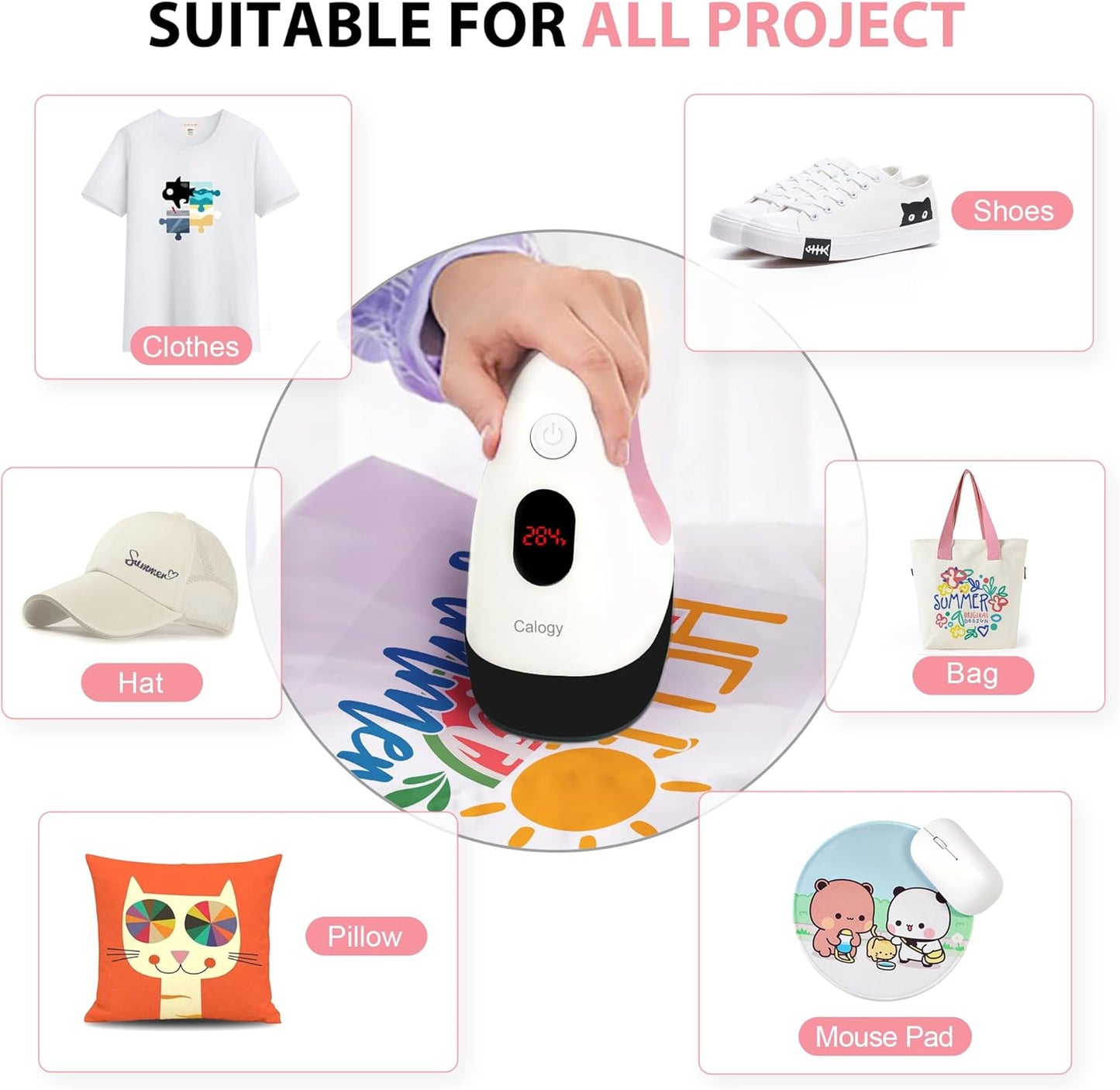 Calogy Mini prensa de calor, máquina de transferencia de calor.