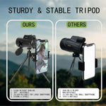 Telescopio monocular 12x50, con soporte para smartphone y trípode.