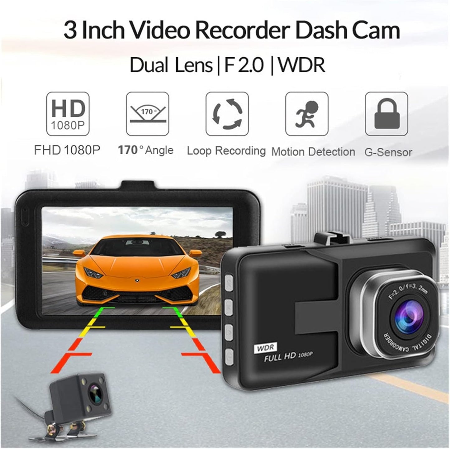 Mini Dash Cam de 3" FHD 1080P Cámara trasera DVR (USADO)