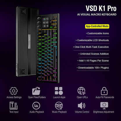 Teclado Cableado K1 Pro, para juegos y streaming con pantalla y perillas.