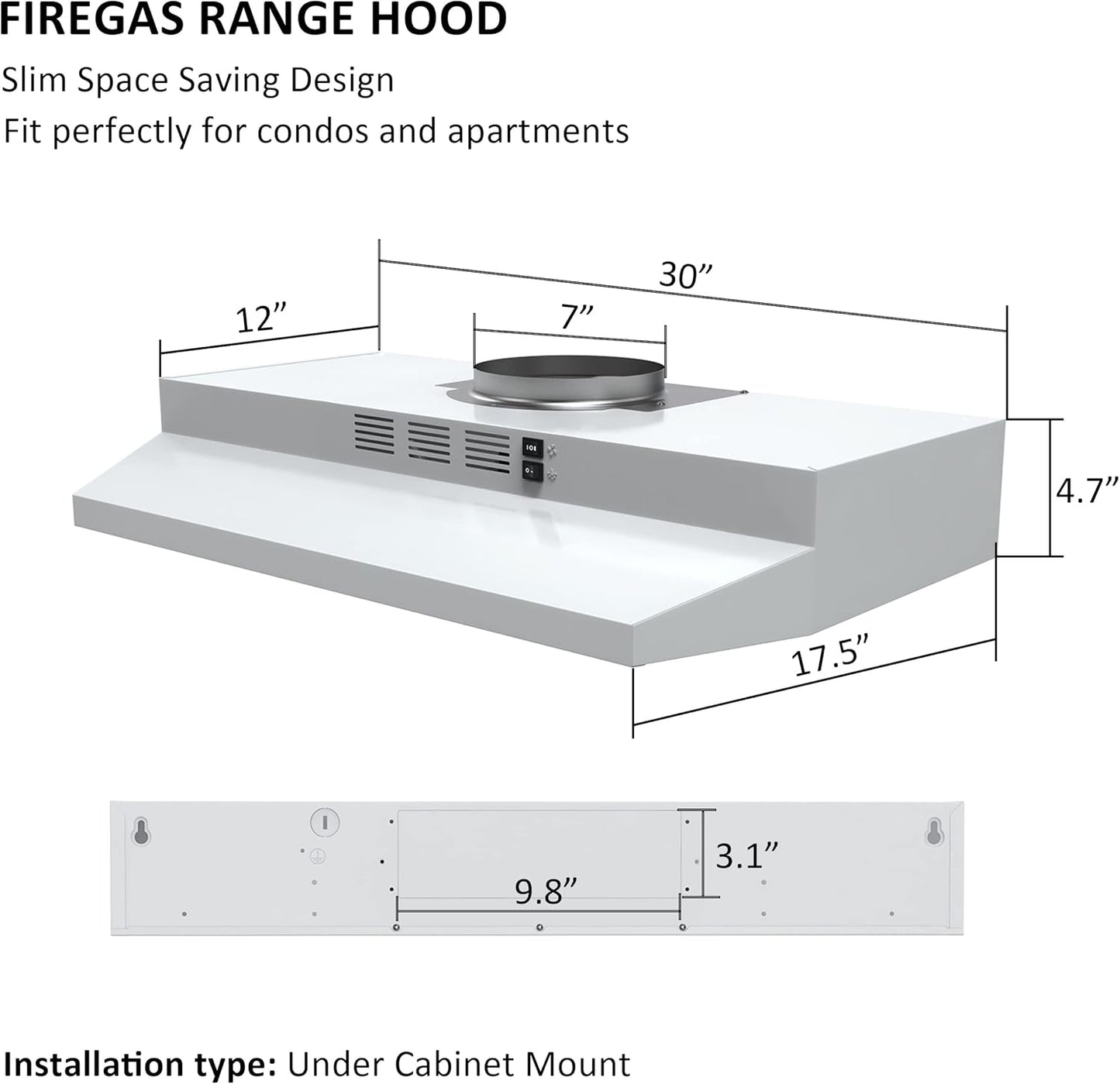 Campana extractora de 30", ventilador de escape de 2 velocidades.